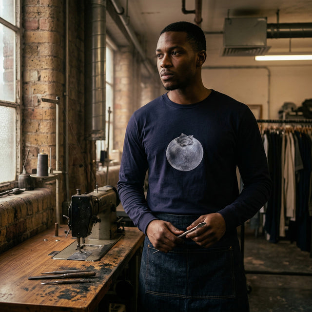 Man wearing a navy blue sweatshirt with a blueberry design in a workshop setting