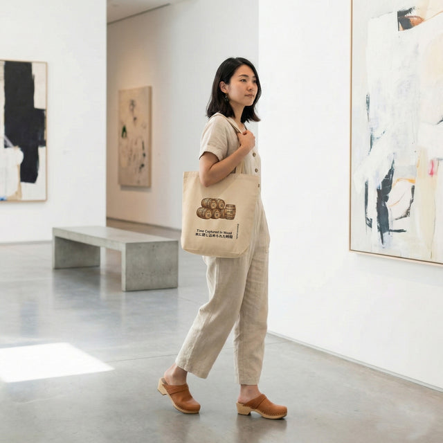 Woman holding a tote bag in an art gallery with abstract paintings on the walls.