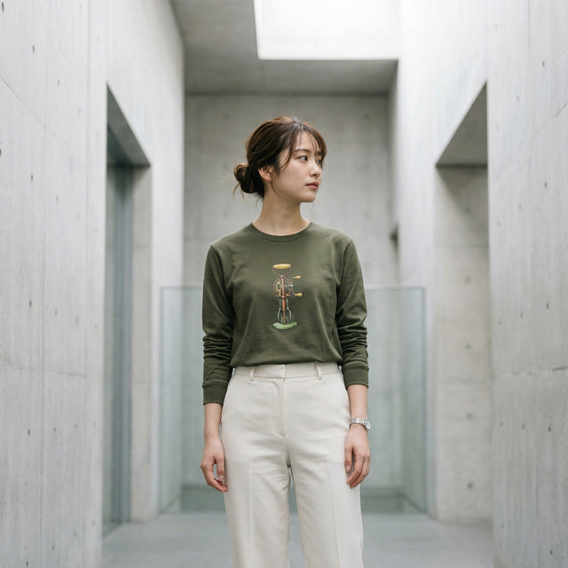 Woman wearing a green sweater with a design and white pants standing in a modern architectural setting.