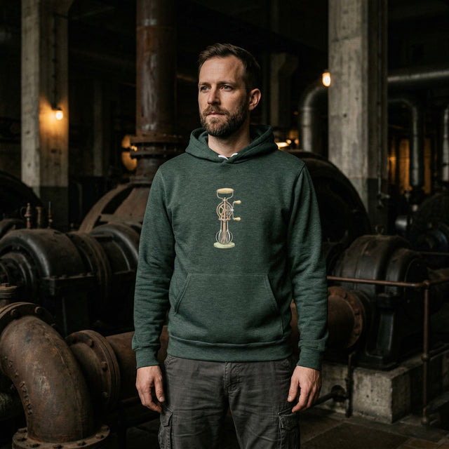 Man wearing a green hoodie with a logo in an industrial setting