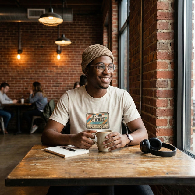 Young Black man wearing heather dust t-shirt with retro B-SIDE cassette tape illustration sitting in an industrial exposed brick coffee shop.