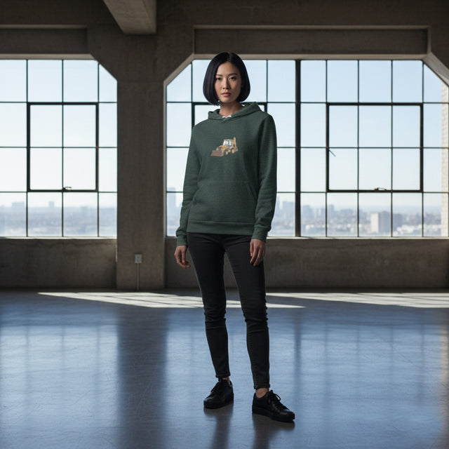 Person wearing a green hoodie with a logo in a large room with high windows