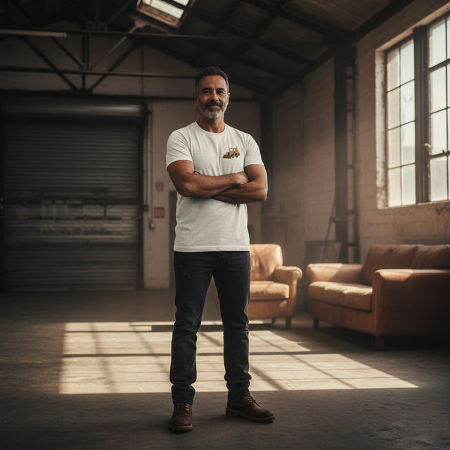 Man standing in a warehouse-like setting with leather furniture