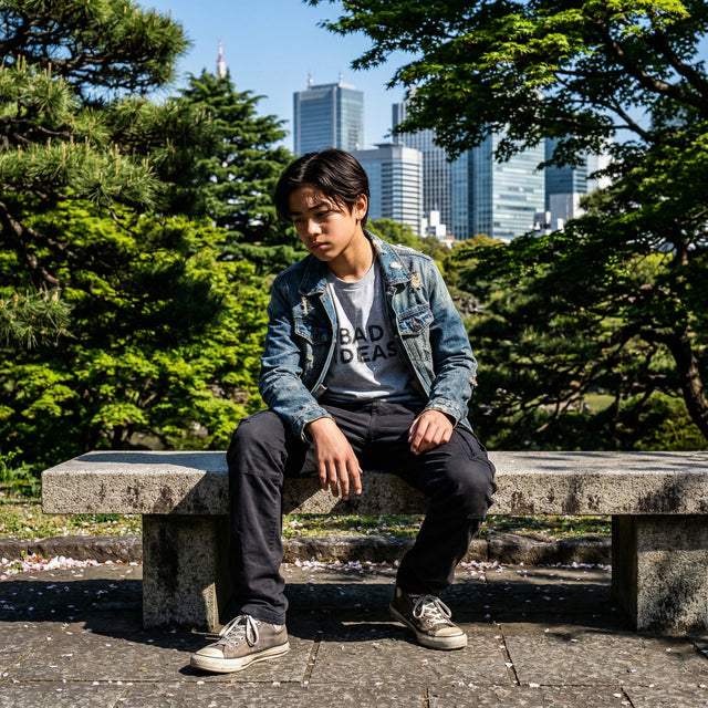 Person sitting on a bench in a park with city skyline in the background