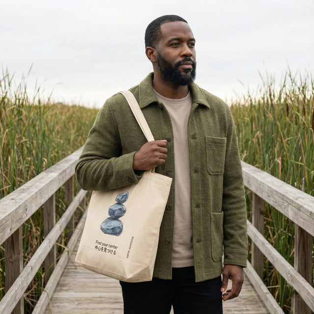Ichinichi Studio eco tote bag in oyster beige featuring a hand-drawn stacked stones illustration with "Find your center" text and Japanese calligraphy, modeled on a peaceful nature boardwalk.