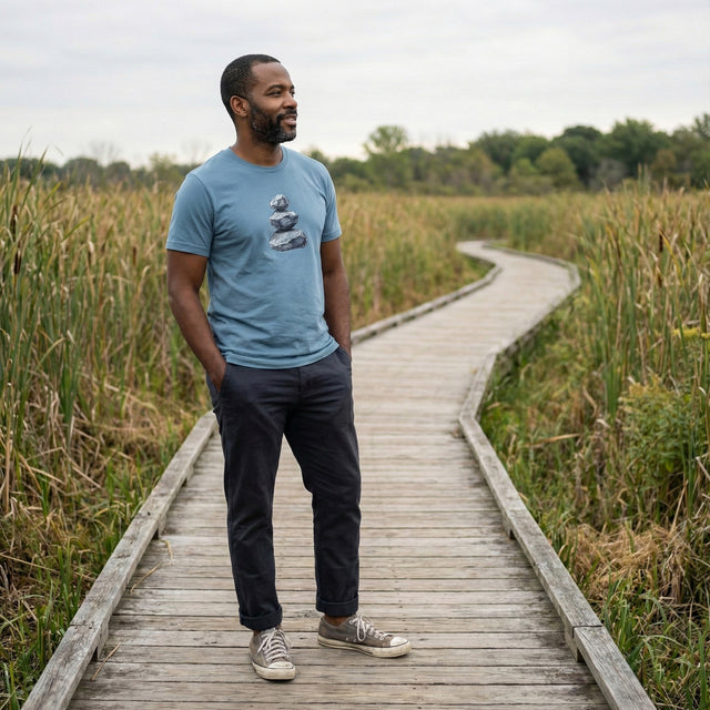 Steel blue unisex t-shirt featuring a hand-drawn stacked stones cairn graphic, worn by a man standing on a wooden nature preserve boardwalk.