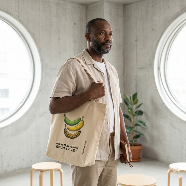Man holding a beige tote bag with banana design in a modern room.
