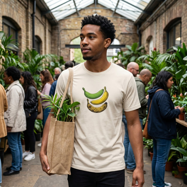 Man wearing a t-shirt with banana graphic in an indoor garden setting