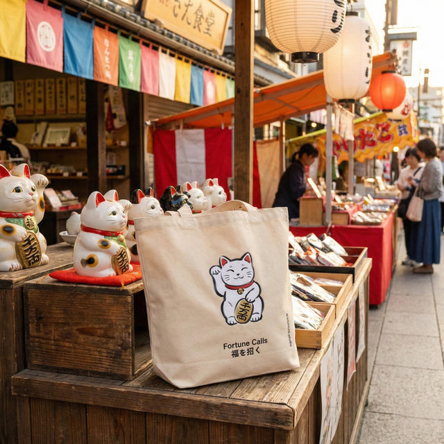 Tote bag with a cat design and text in an outdoor market setting with colorful flags and lanterns.