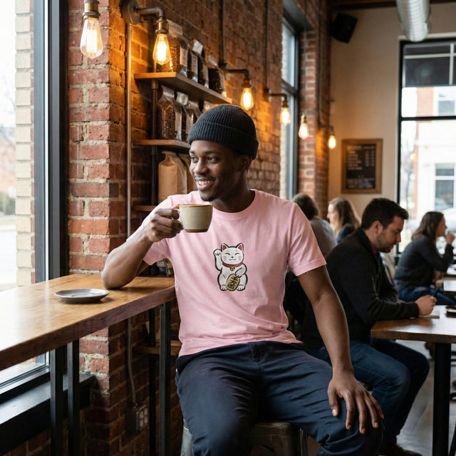 Man in a pink t-shirt with a cat graphic sitting in a cafe holding a coffee cup.