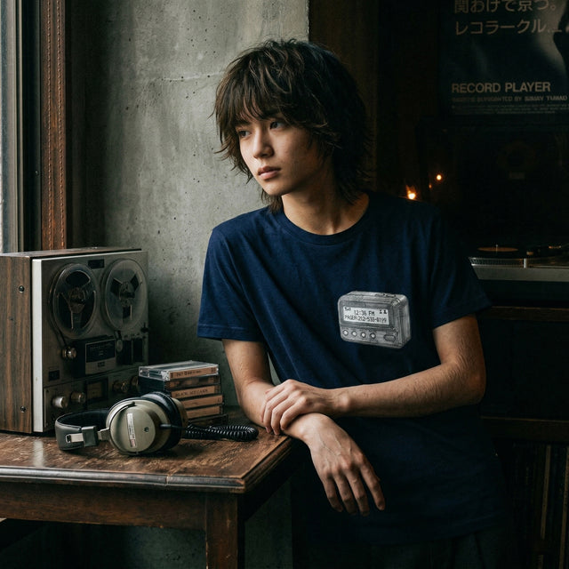 グラフィック柄の青いTシャツを着た人物が、ヴィンテージのレコードプレーヤーと本が置かれた部屋に座っている。