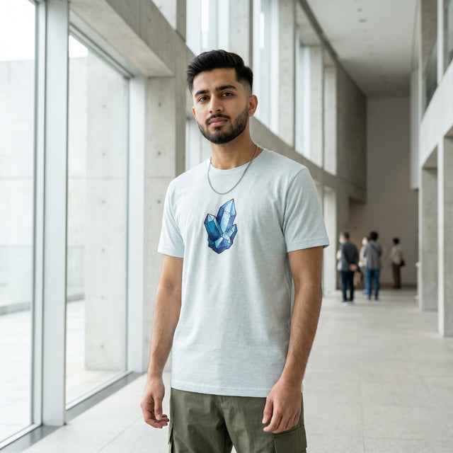 Man wearing a light gray t-shirt with a blue graphic design in a modern building.