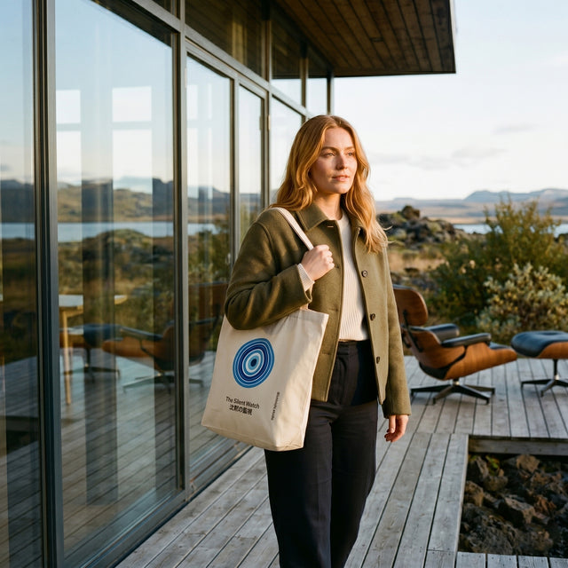 Woman holding a tote bag with a logo on a wooden deck with a scenic background