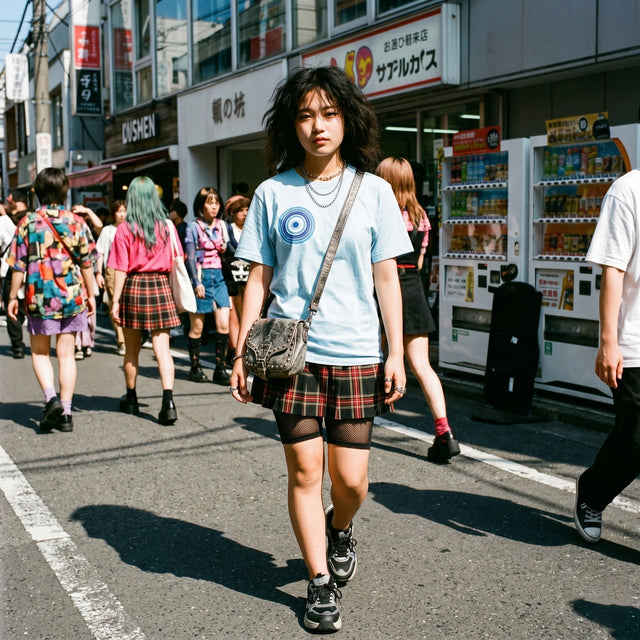 Woman walking on a street with vending machines and people in the background