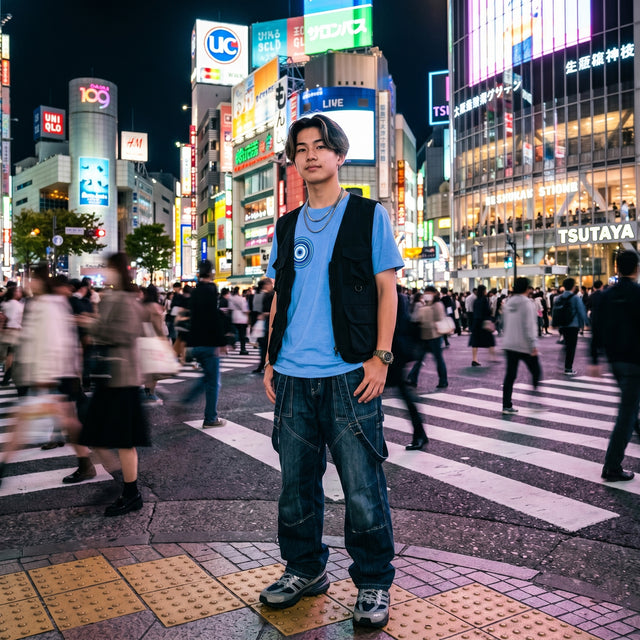 Person standing in a busy urban street at night with illuminated signs and pedestrians.
