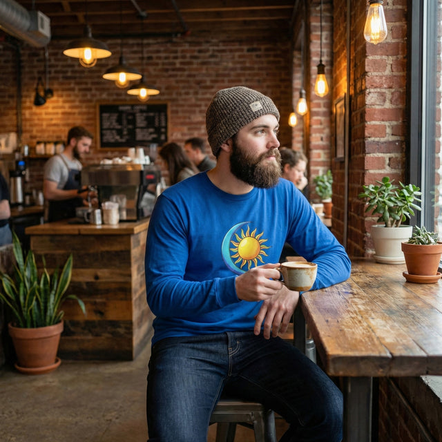 Man in a blue shirt with a sun design sitting at a wooden table in a cozy cafe.