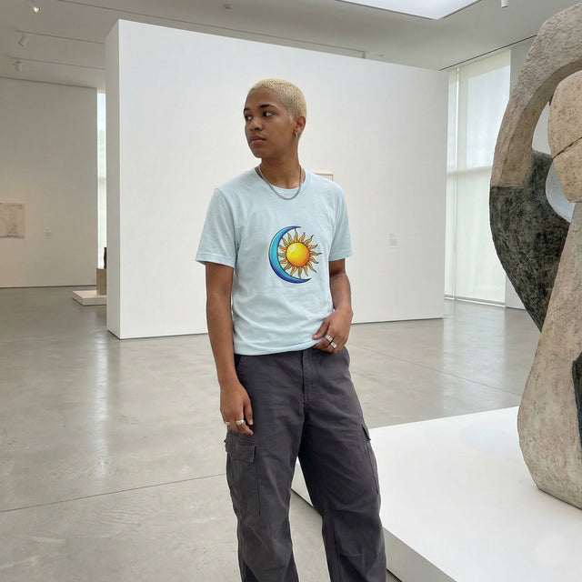 Person wearing a light blue t-shirt with a colorful design in a modern art gallery.