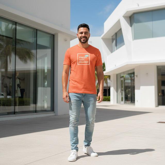 Man wearing an orange t-shirt with a logo, standing in front of a modern building.
