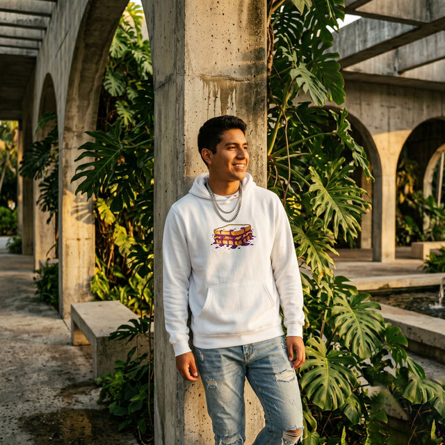 Man wearing a white hoodie with a graphic design, standing in a tropical setting with plants and concrete architecture.