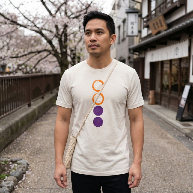 Man wearing a white t-shirt with colorful circles in an urban setting with cherry blossoms.