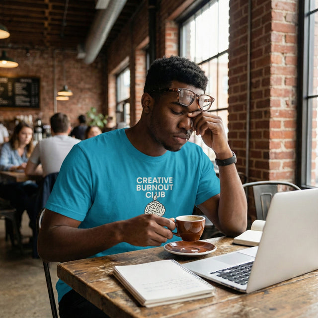 Aqua unisex t-shirt featuring Creative Burnout Club text and melting brain candle illustration worn by a male creative in an industrial brick coffee shop setting.