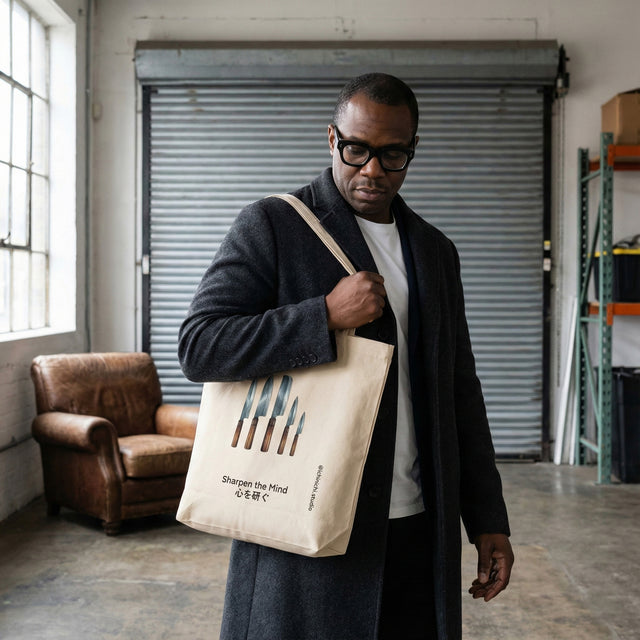 Beige canvas tote bag featuring a realistic illustration of five Japanese kitchen knives with wooden handles. Text reads 'Sharpen the Mind' with Japanese characters below. Minimalist culinary fashion accessory by Ichinichi Studio.
