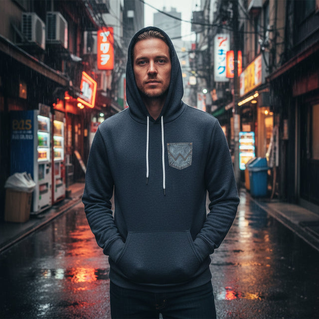 Man wearing a dark hoodie in a neon-lit urban street