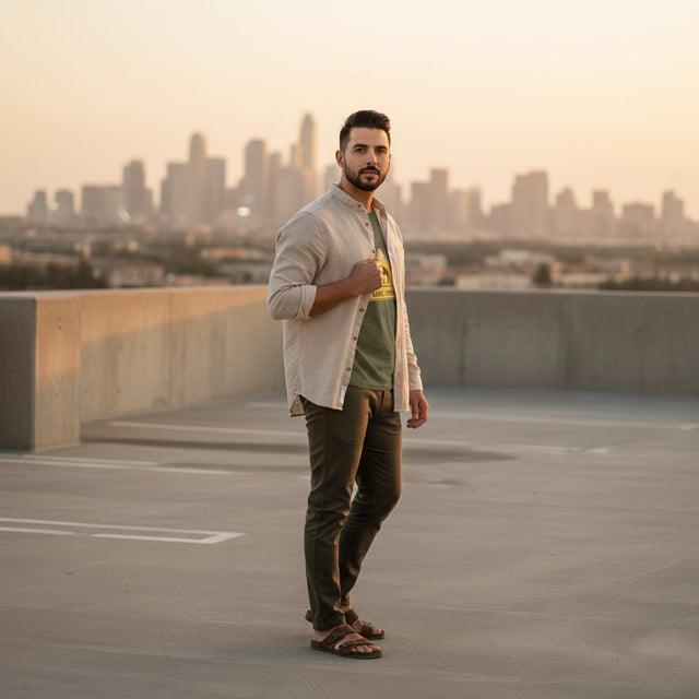 Man standing on a rooftop with a city skyline in the background