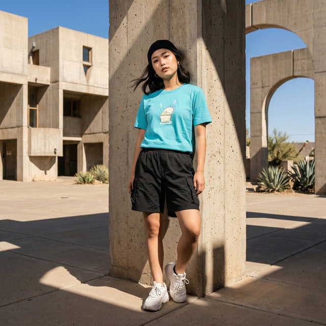 A young Korean woman in her 20s wearing a turquoise "1 2" ice cream graphic t-shirt, posed against the geometric concrete forms of Arcosanti. The streetwear-inspired look is set against harsh, direct desert sunlight, highlighting the vibrant shirt color against the muted, industrial textures of the architecture.