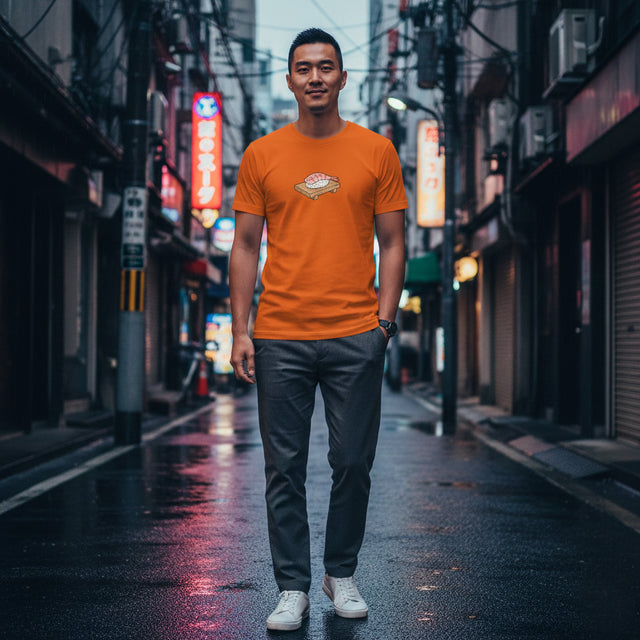 Man wearing an orange t-shirt standing on a rain-soaked street with neon signs in the background