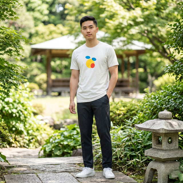 Man wearing a white t-shirt with a colorful logo in a garden setting