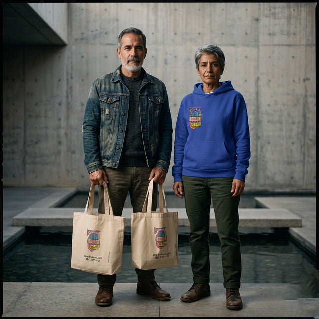 Two people standing outdoors in front of a concrete wall and water feature, each holding a beige tote bag with a colorful crest logo. The person on the left wears a dark denim jacket over a dark shirt and olive pants, and the person on the right wears a bright blue hoodie with a crest on the chest, dark pants, and brown boots.
