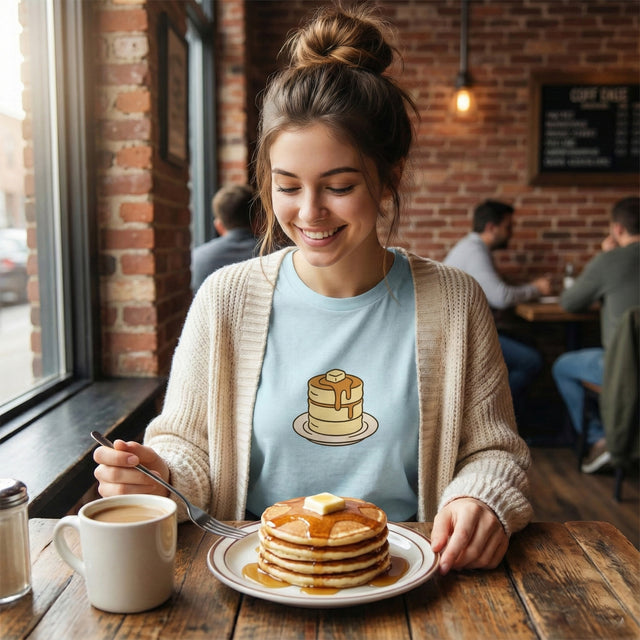 Woman sitting at a table with pancakes and coffee in a casual setting