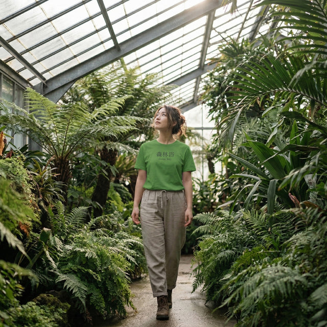 Person walking through a greenhouse filled with lush green plants