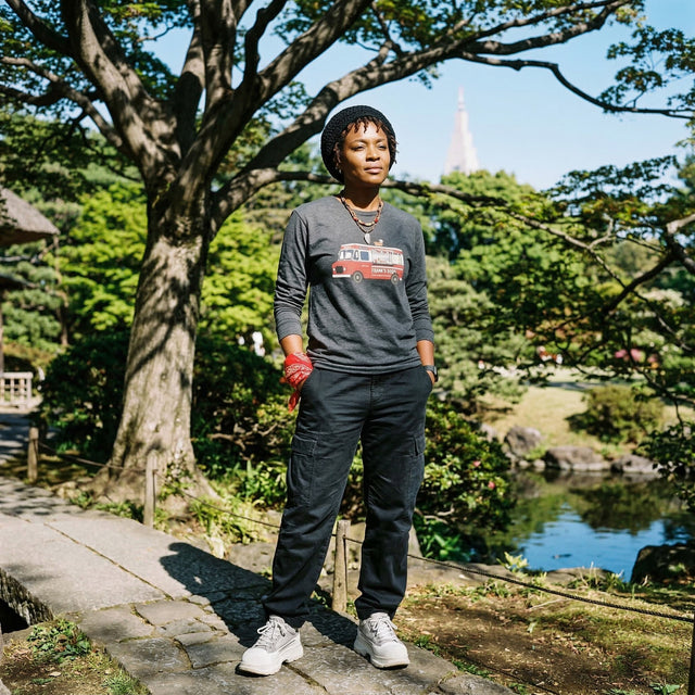 Person standing in a park with trees and a lake in the background