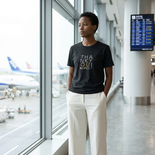 An androgynous 30s Black model wearing the Heather Black "THANK YOU / ありがとう！" t-shirt, standing by a large glass window at Tokyo International Airport (Haneda).