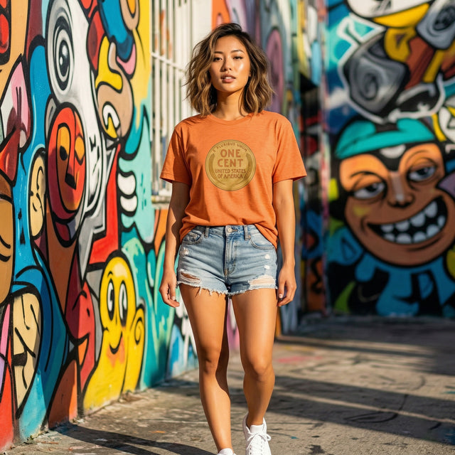 A stylish young Korean woman in her 20s stands confidently amidst the colorful graffiti of Wynwood Walls in Miami. She is wearing the Heather Orange "One Cent" coin t-shirt, styled loosely over distressed denim shorts.