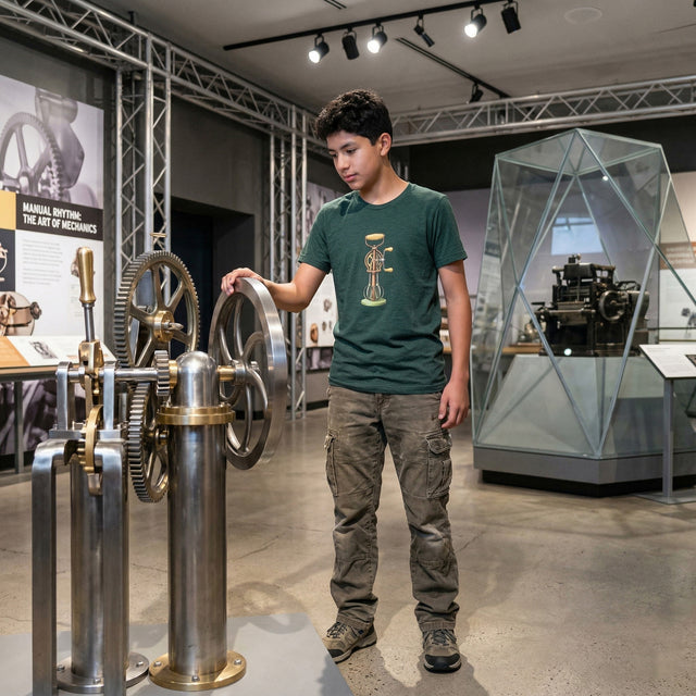 Young boy interacting with mechanical exhibits in a museum setting