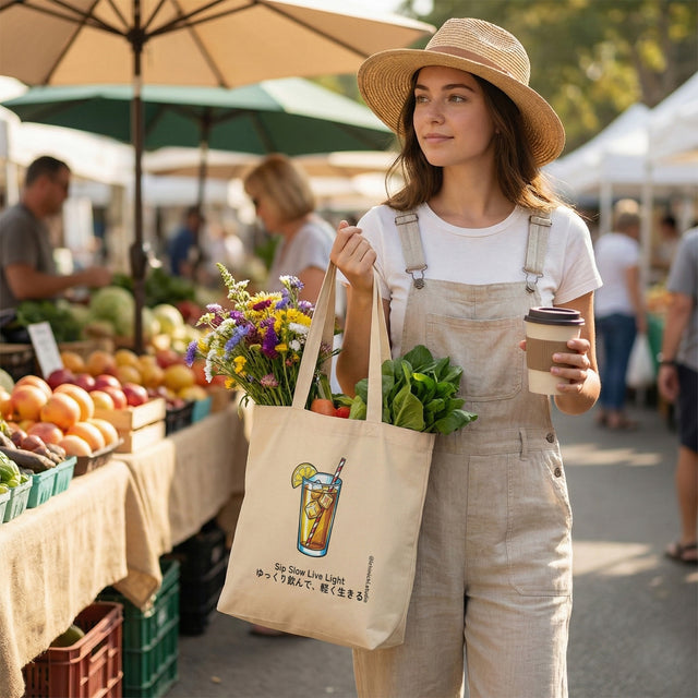 Woman at an outdoor market holding a reusable bag with groceries and a coffee cup.