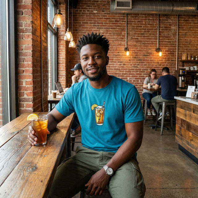Model wearing aqua blue unisex t-shirt featuring a retro iced tea glass graphic with lemon and straw, posing in an industrial brick coffee shop setting.