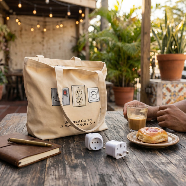 Beige tote bag with electrical outlet design on a wooden table with a person holding a cup and a pastry.