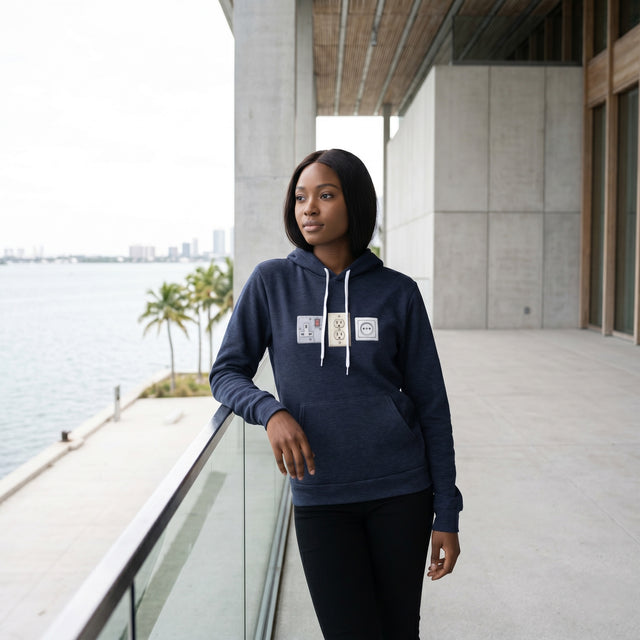 Woman wearing a navy blue hoodie with patches by a waterfront.