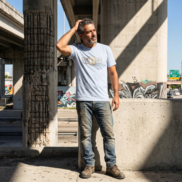 Man standing under a concrete overpass wearing a light blue t-shirt and jeans.