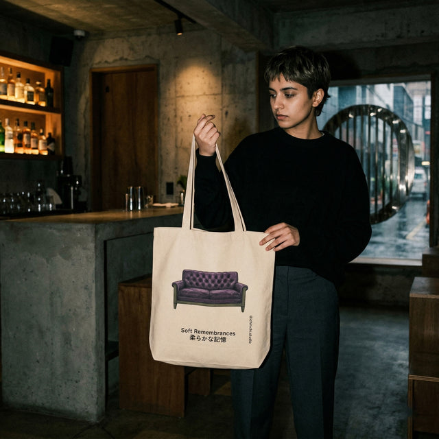 Person holding a tote bag with a couch design in an indoor setting