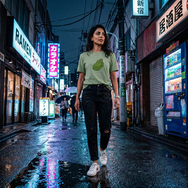 Woman walking on a rain-soaked street in an urban setting with neon signs and a vending machine.