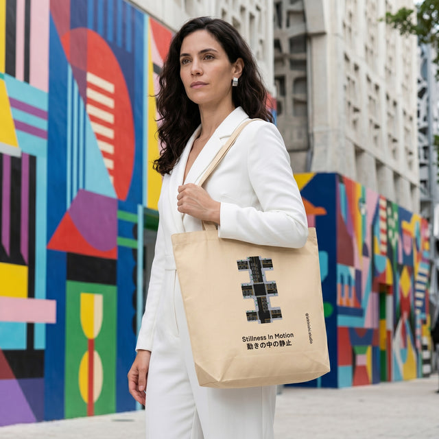 Woman holding a beige tote bag with text in front of a colorful mural.