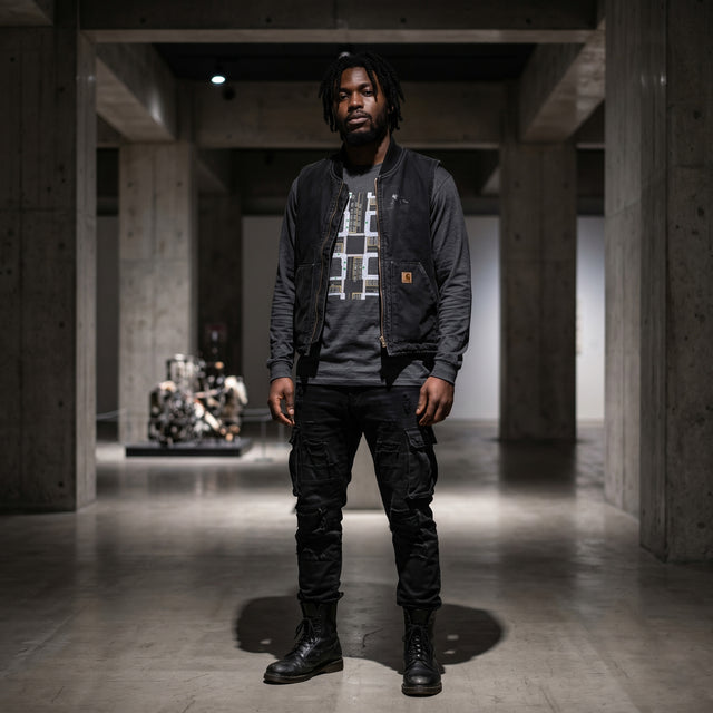 A rugged-industrial styled Nigerian man in his late 20s stands inside the raw concrete interior of the Aichi Arts Center in Nagoya. He is wearing the dark charcoal heather long-sleeve