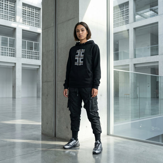 Person wearing a black hoodie with a logo and black pants standing in a modern indoor setting.