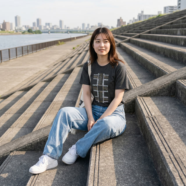 A medium shot of a Japanese woman in her early 20s styled for a relaxed everyday casual look, sitting outdoors on the concrete flood steps of the Arakawa Riverside in Tokyo