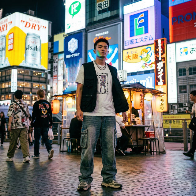 Man standing in a vibrant urban street scene with neon signs and people around